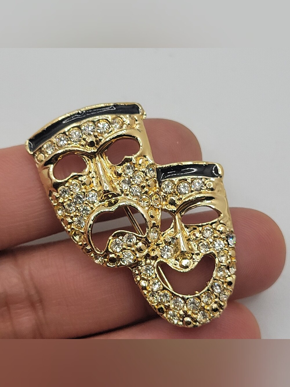 Crystal Comedy & Tragedy Mask Brooch - Gold Tone